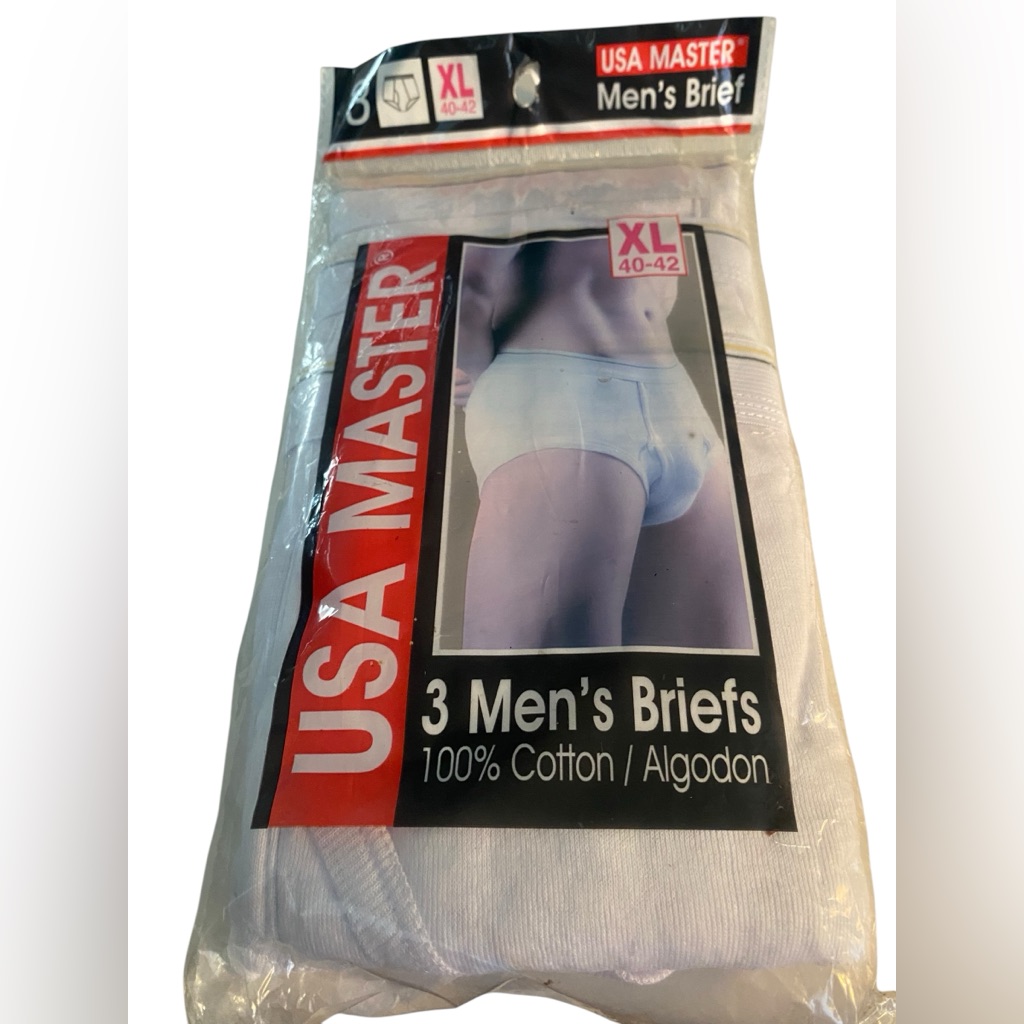 Vintage 90s Underwear White Usa Master Brief Xl Black/Gold Band 3 In Pack Cotton
